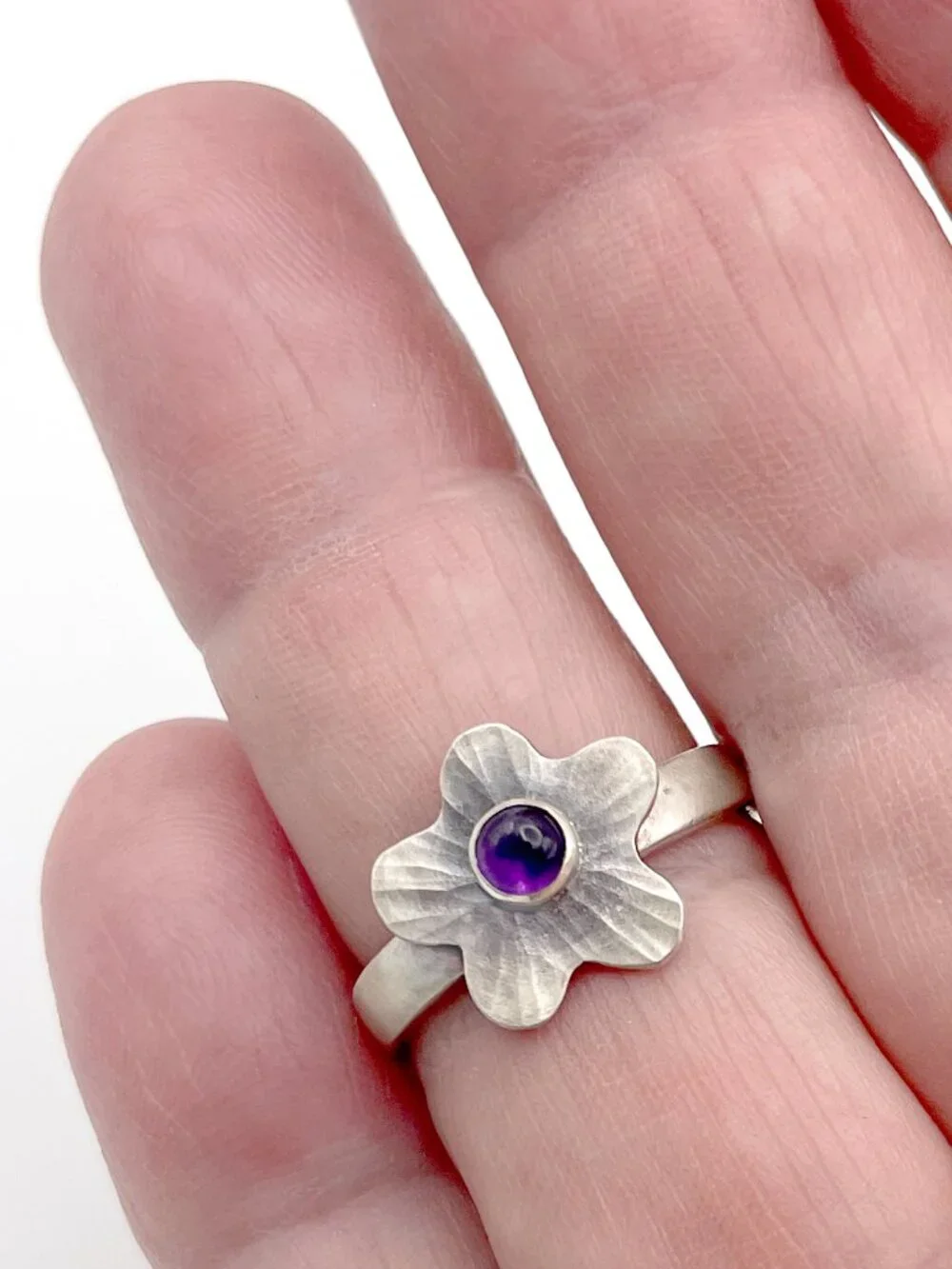 Sterling Silver 925 Flower Ring with Amethyst, Size 7 1/4, Artisan Made